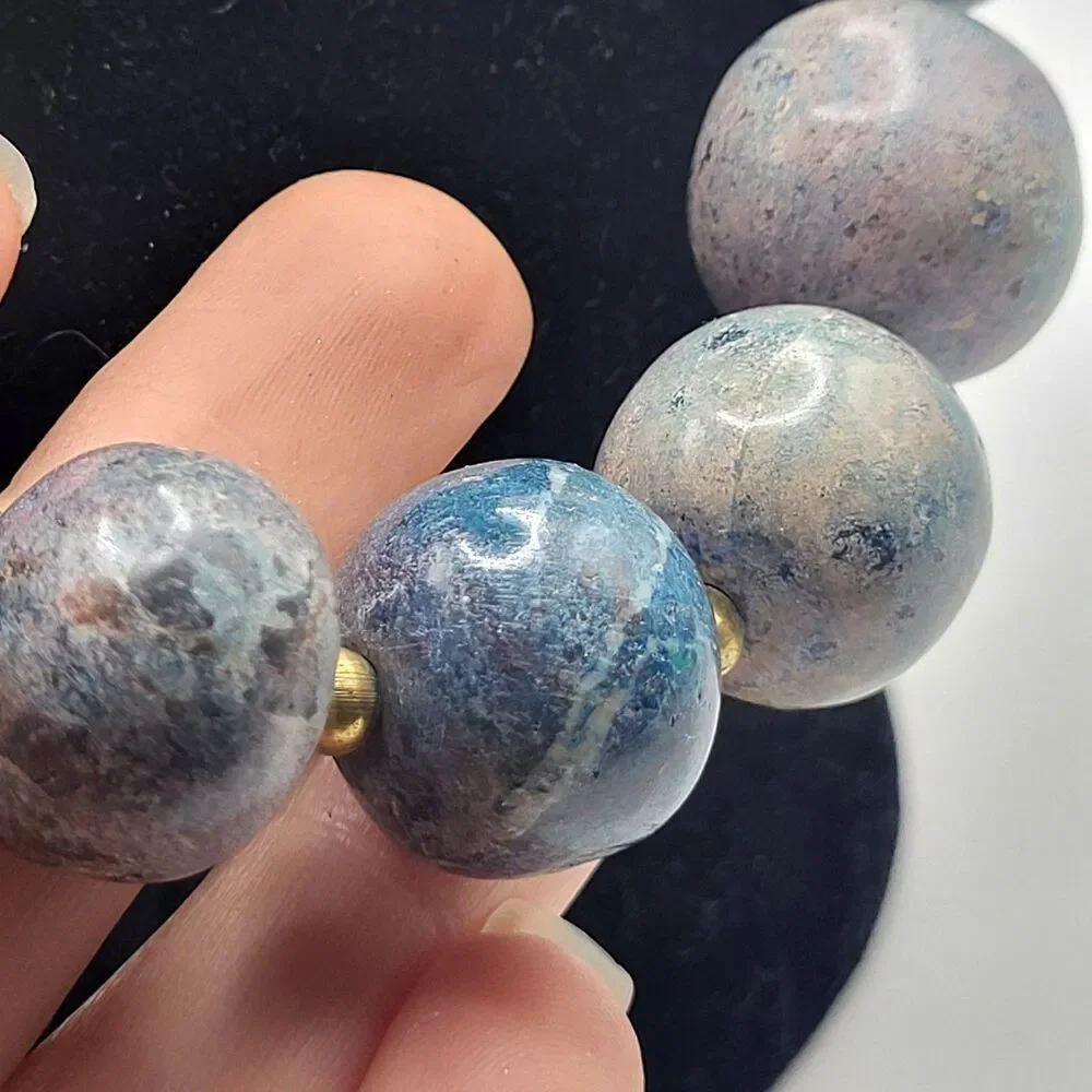 Chunky Bohemian Gemstone Aventurine Lapis Brass Beaded Necklace 20in